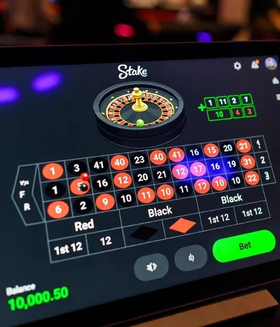 Interfaz de ruleta con opciones de apuesta, estilo casino en Stake